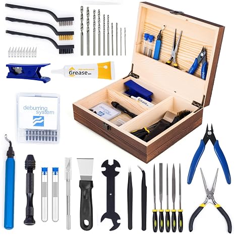 3D Printing Tool Set with Wood Box 3D Printer Tools Features a deburring Tool, Wire Cutter, Drill, and Scraper for Model cleanup, Surface Smoothing, and Precise Drilling.