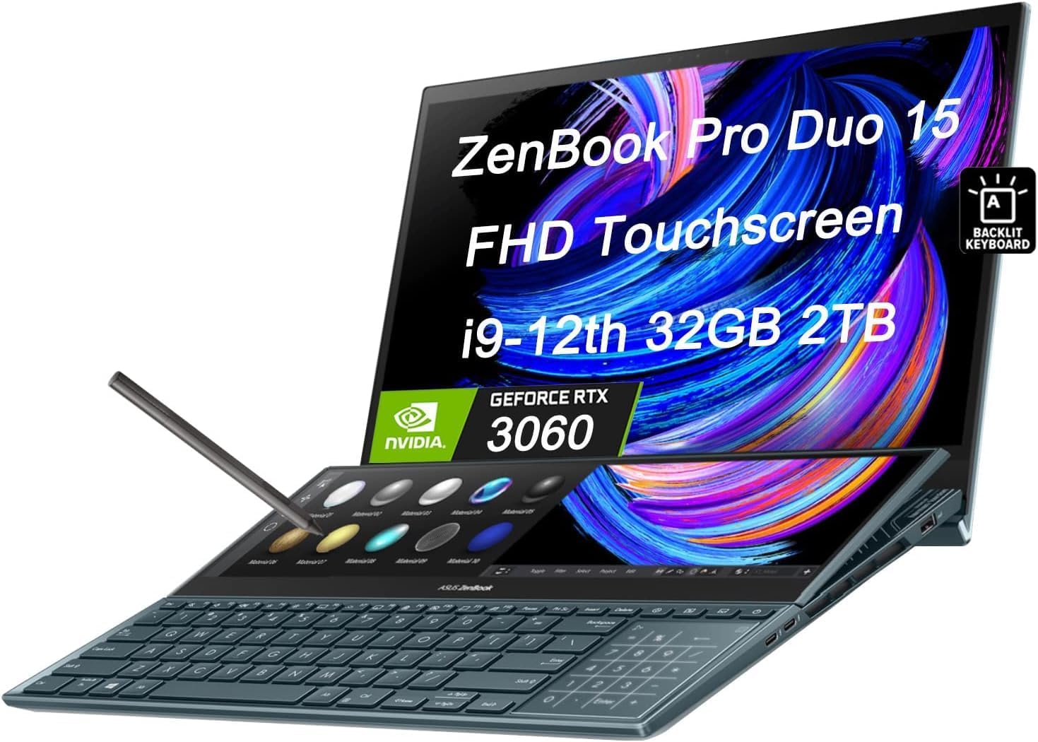 ASUS ZenBook Pro Duo 15 UX582 15.6 FHD OLED Touchscreen Intel 14-Core i9-12900H, 32GB DDR5 RAM, 2TB SSD, GeForce RTX 3060 Business Laptop, ScreenPad Plus, Type-C, Backlit, Pen, Win 11 Pro, Blue