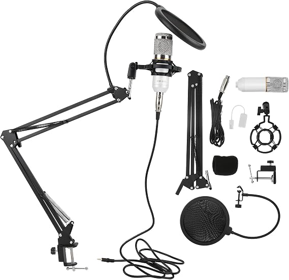 BM800 Condenser Microphone Kit, USB Recording Microphone with Flexible Arm, Studio Quality Sound for Streaming Singing Podcasting, Includes Shock Mount Desk (white+silver)