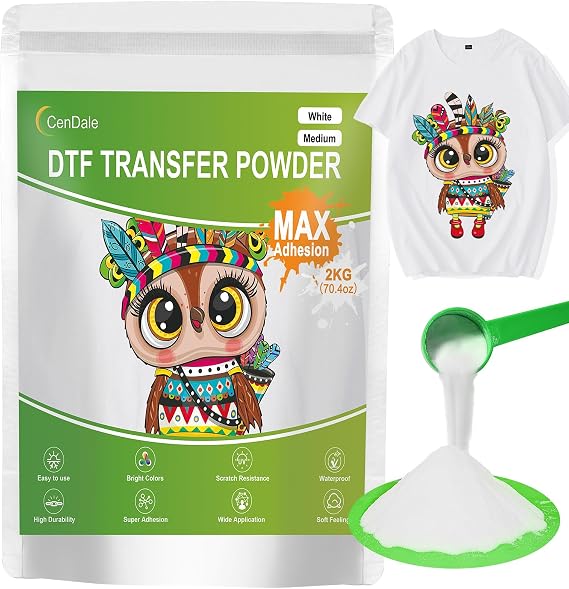 CenDale DTF Powder: 2KG/70.4OZ White Hot Melt Adhesive Digital DTF Transfer Powder for Sublimation, Ideal for All Fabrics Including Jeans/Cotton T-Shirts, Compatible with DTF/DTG Printers