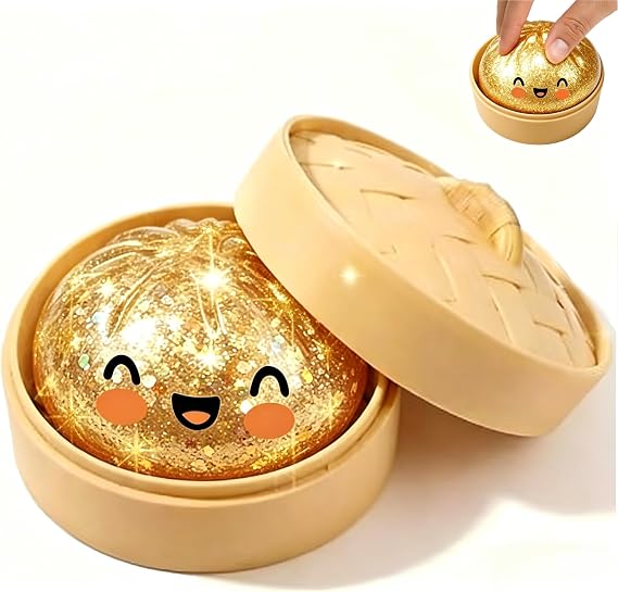 Squishy Bao Dumpling, Bao Bun Squishy, Gold Dumplings Stress Fidget Toys with Steamer Box, Mystery Dumplings Squishies for Kids & Adults Home Office Classroom(Gold)