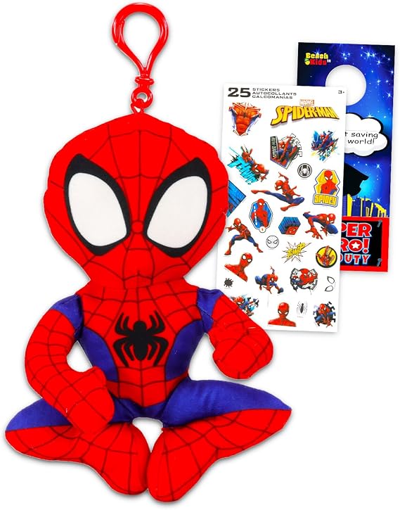 Spiderman Plush Keychain Set - Spiderman Bag Clips Bundle with 6" Spiderman Keychain Plush Plus Stickers, More | Spiderman Plush Keychains for Backpack