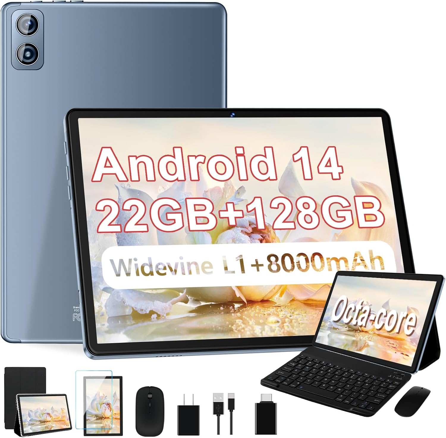 Android 14 Tablet, 22G128G1TB Expansion, 10 inchTablets with 8000 mAh Battery,Octa-Core, GPS, Split-Screen, FaceUnlock, 2 in 1 Tablet with Keyboard, Mouse, Case, Metal Grey