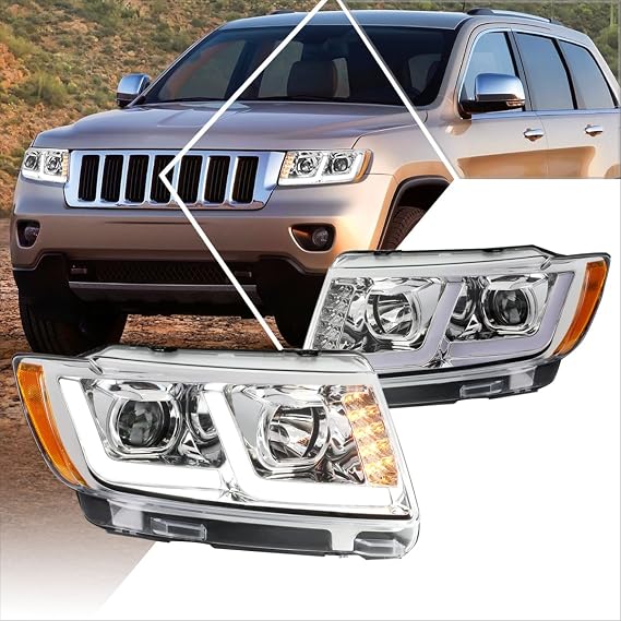 PM PERFORMOTOR L-Shape LED DRL Signal Projector Headlights Assembly Compatible with Grand Cherokee 11-13,Chrome Housing/Amber Corner