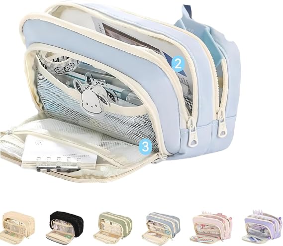 Big Capacity Pencil Case, 3 Compartments Large Pencil Pouch, Simple Pencil Holder Pouch Pencil Pouch Organizer Pen Cases, Pen Bag Pencil Box Holder Organizer (Blue)