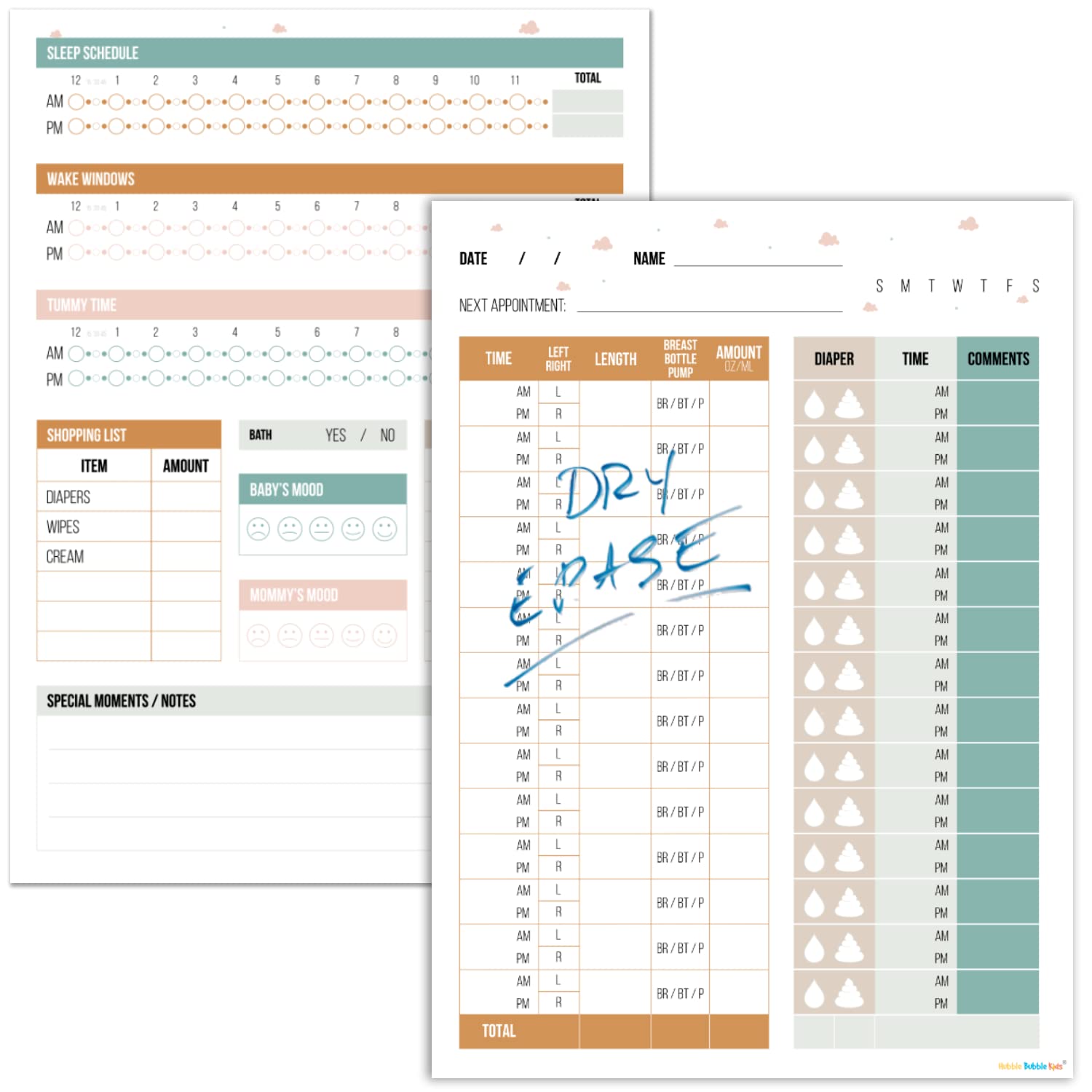Baby Feeding Schedule Chart and Infant Diaper Tracker - 2 Dry Erase Posters for Nursing and for Daycare, Nanny or Babysitter Log. 12x17 inch Reusable Baby Tracker Posters. Made in USA