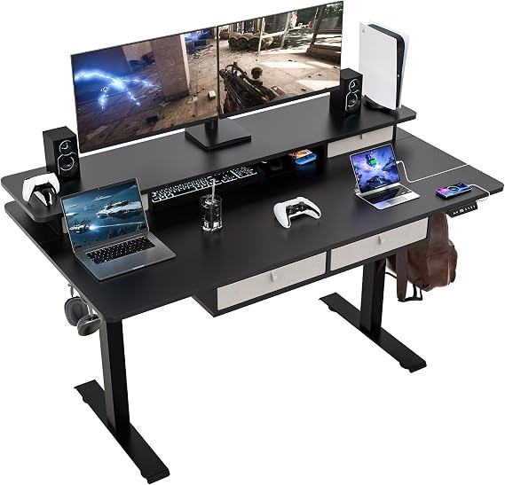 Electric Standing Widened Desk 63 * 30 Inches Adjustable Height with 4 Drawers, Double Storage Shelves Stand Up Desk, Home Office Workstation Sit Stand up Desk (Classical Black)