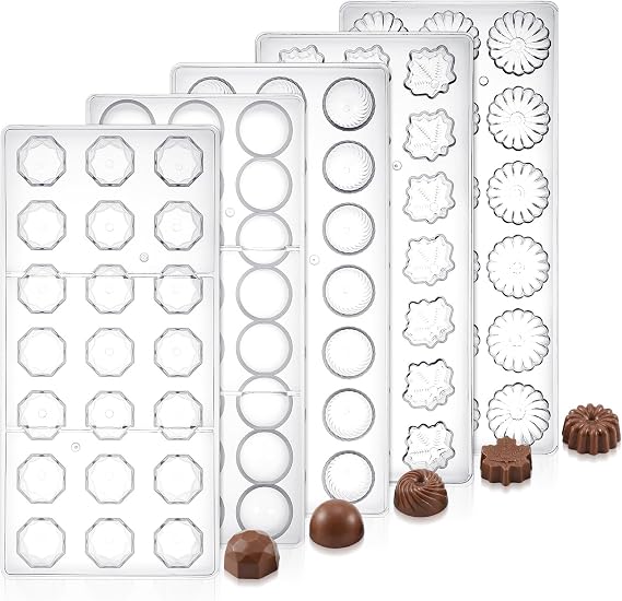 5 Pack Polycarbonate Chocolate Mold Set, 105 Cavities Candy Making Molds, Cookie Tray for Semi-Circle, Daisy, Maple Leaf, Diamond Shapes
