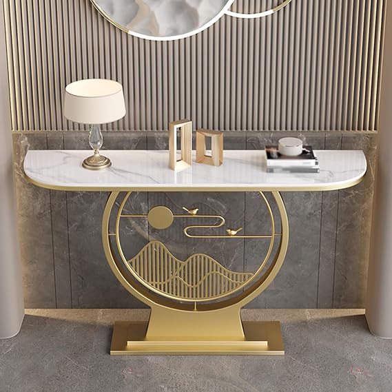 Modern Console Tables 31.5" Height Entryway Table with Storage Shelves,Sofa Table Behind Couch Furniture Narrow Side Tables for Living Room, Hallway, Entrance(Gold+White,140CM/55.1IN)