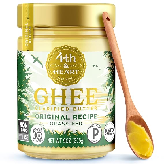 4th & Heart Original Grass Fed Ghee, Clarified Butter, 9 oz. | 100% Butterfat, Pasture-Raised, Supports Gut Health, Lactose & Casein Free, High Smoke Point, Keto & Paleo, Shelf-Stable.