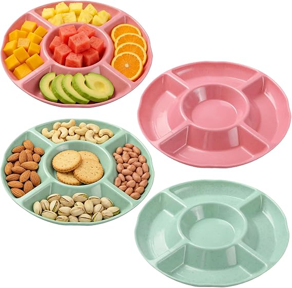 4 Pack Snack Trays, 5 Compartment Stackable Plastic Trays