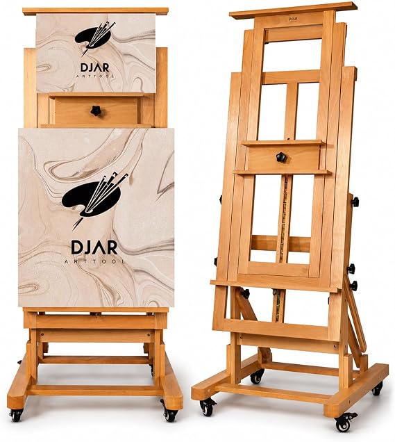 DJAR Extra Large H-Frame Art Easel on Wheels, Adjustable Solid Beech Wood Floor Painting Stand for Professionals, Tilts Flat, Holds 1 or 2 Canvases up to 201 cm, Natural Wood | Movable Wooden Tilts Flat Heavy Duty Floor Stand, Solid Beech Wood Art Easel For Artists, Hold 1 or 2 Canvas up to 79"