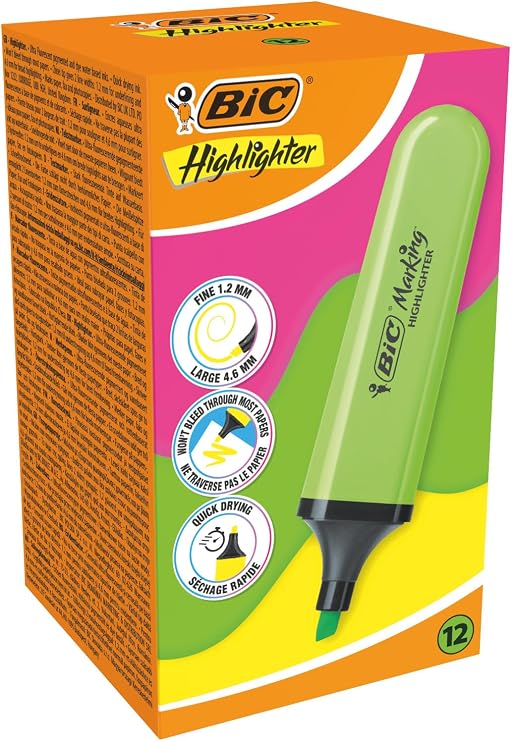 BIC Marking Flat Higher Phosphor Pen 12 Box, Green Phosphor Pen, Water Based, Quick Drying Ink