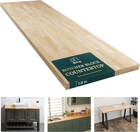 Bme Unfinished Hevea Solid Hardwood Butcher Block Countertop for DIY, Wood Desktop Table Top, Washer Dryer Counter Top, 6ft. L x 25" W, 1.5" Thick