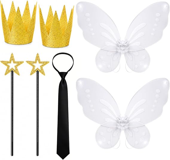 7 Pcs Halloween Fairy Costume Include Fairy Star Wands WIng Gold Crown and Tie for Men Women Dress Up