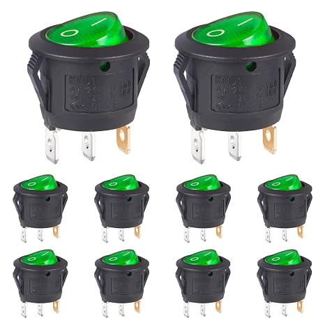 VEXUNGA Round Rocker Switch Green Light Illuminated On Off 3 Pin 2 Position Mini Rocker Switch 125V 10A 250V 6A KCD1 Small Circle Toggle Switches for RV Car Truck Boat (Pack of 10pcs)