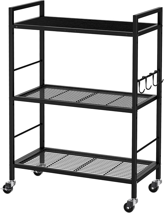 3-Tier Metal Storage Rack with Industrial Wheels,Mesh Shelving Unit with Wooden Table top,Adjustable Shelf,23.6-Inch Width,for Kitchen,Laundry,Pantry,Plant,Black panel and black frame