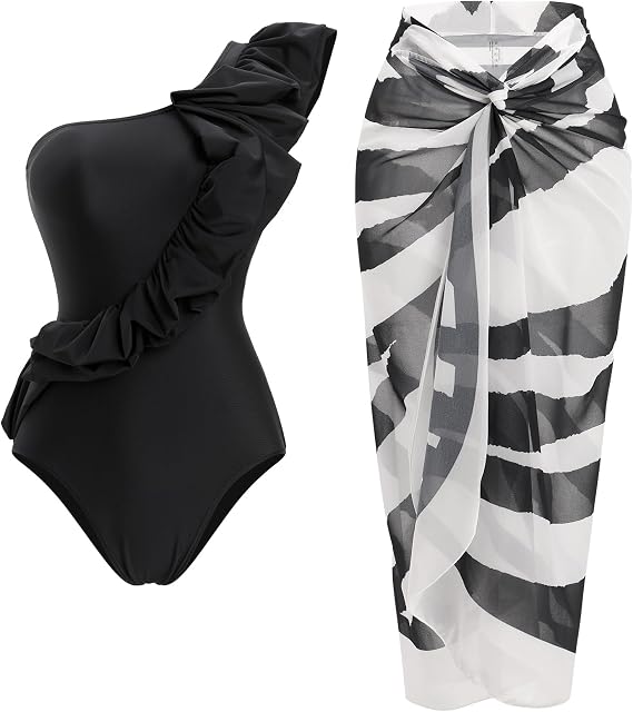 IDOPIP Women's One Piece Swimsuit with Beach Cover up Wrap Skirt Sarong Halter Floral Print Bikini Set Two Piece Bathing Suit
