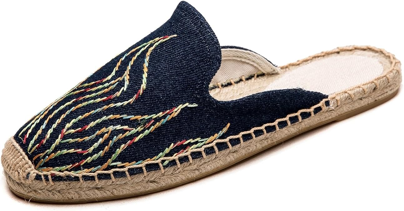 Womens Embroidery Espadrille Mules Flats - Fashion Flats Shoes Comfortable Mule Shoes Breathable Espadrilles Anti-Slip Slipper