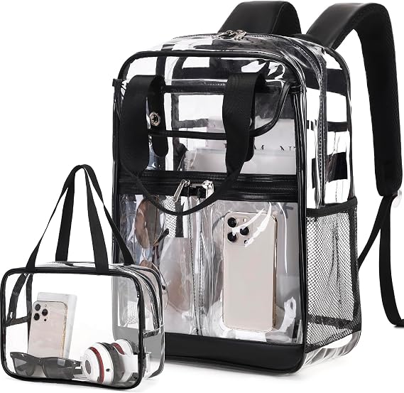 2PCS Clear Backpack for Women Men Girls Boys, Heavy Duty Clear Backpack with Clear Tote Bag for Stadium Events, See Through Backpack, Large Transparent Backpack Clear Bookbag for Concert Work Travel