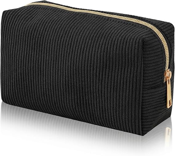Corduroy Makeup Bag Small Cosmetic Pouch for Handbag (Black) | Gold tone zip, lined interior, compact box shape, handbag storage, cosmetics, toiletries, travel, daily organisation