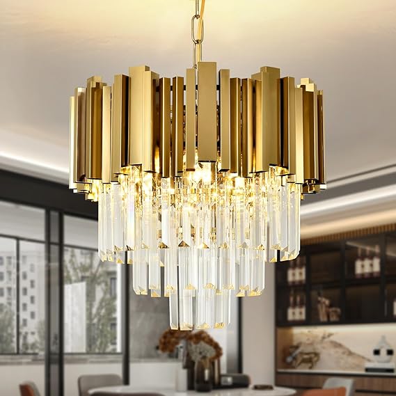 Modern Crystal Chandelier Gold Pendant Light Fixtures, Small Crystal Pendant Lighting for Entryway, Corridor, Balcony, Porch, Restaurant, Door Opening, E27 x 3, Φ40cm