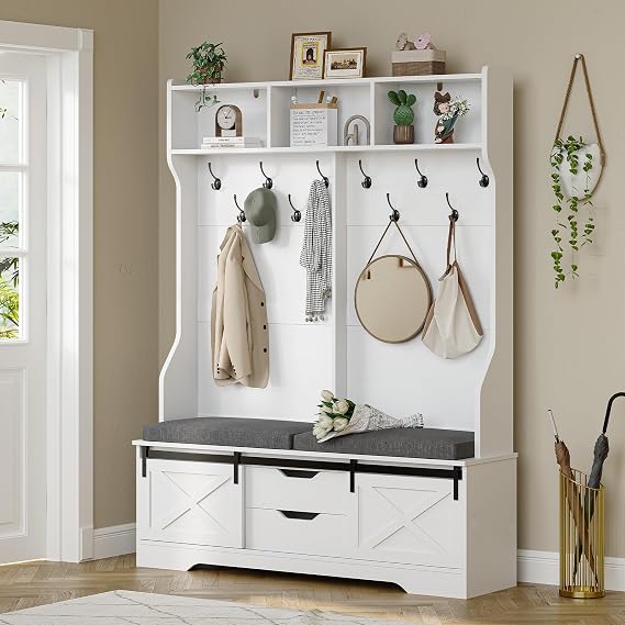 UPOSOJA Hall Tree with Bench and Shoe Storage, Entryway Bench with Coat Rack, Modern Farm House Barn Door 3-in-1 Hall Tree with Storage Cushioned Stool and Hooks for Hallway, Living Room (60IN)