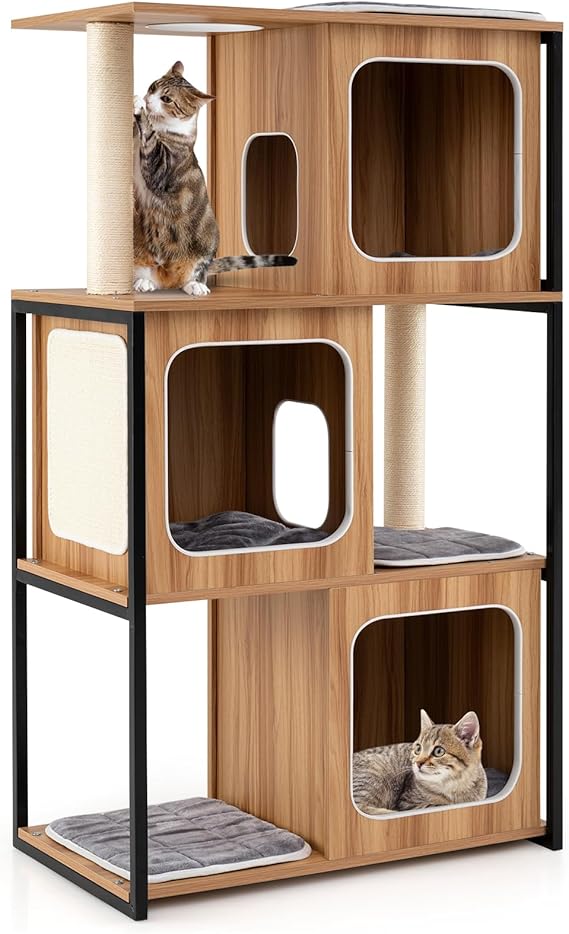 PETSITE 52-inch Wood Cat Tree for Indoor Cats, Multi-Level Solid Metal Framed Wooden Cat Tower with Sisal Scratching Posts and Pad, 3 Condos, and Top Platform with Cat Hole