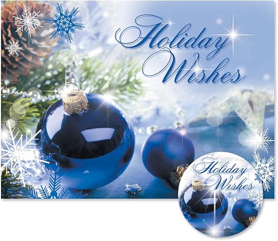 Colorful Images Blue Display Christmas Greeting Cards with Matching Envelope Seals, 24 Card Set, 5 x 7 Folded, Themed Holiday Card Value Pack