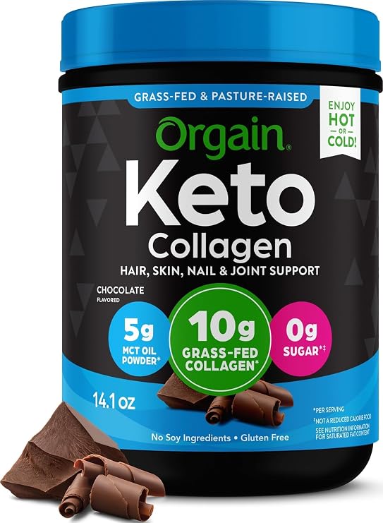 Orgain Keto Collagen Protein Powder, Chocolate - 10g Grass Fed Hydrolyzed Collagen Peptides for Women & Men, Type I & III, 5g MCT Oil - Hair, Skin, Nail, Joint Support, Non-GMO, Gluten Free - 0.88lb