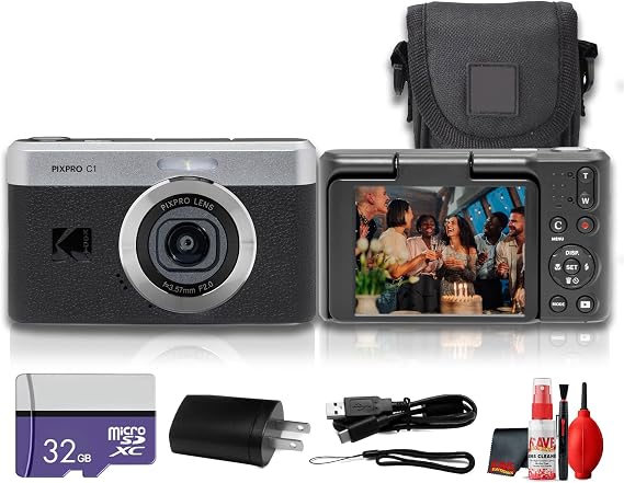 Kodak PIXPRO C1 Compact Digital Camera (Black), 13MP Point and Shoot Camera for Selfies, Travel, Vlogging and Everyday Photos (C1-BK) + 32GB Card +