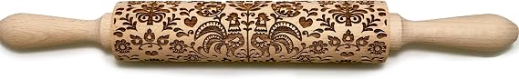 Rolling Pin Embossed with Folk Floral Pattern for Baking Engraved Cookies (Medium)