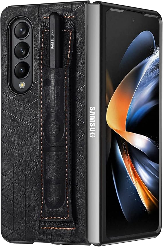 Omio for Galaxy Z Fold 4 Leather Case with S Pen Holder & Strap, Wrist Strap Leather Back Cover Hard PC Shockproof Finger Grip Case for Men Women Girls, Black