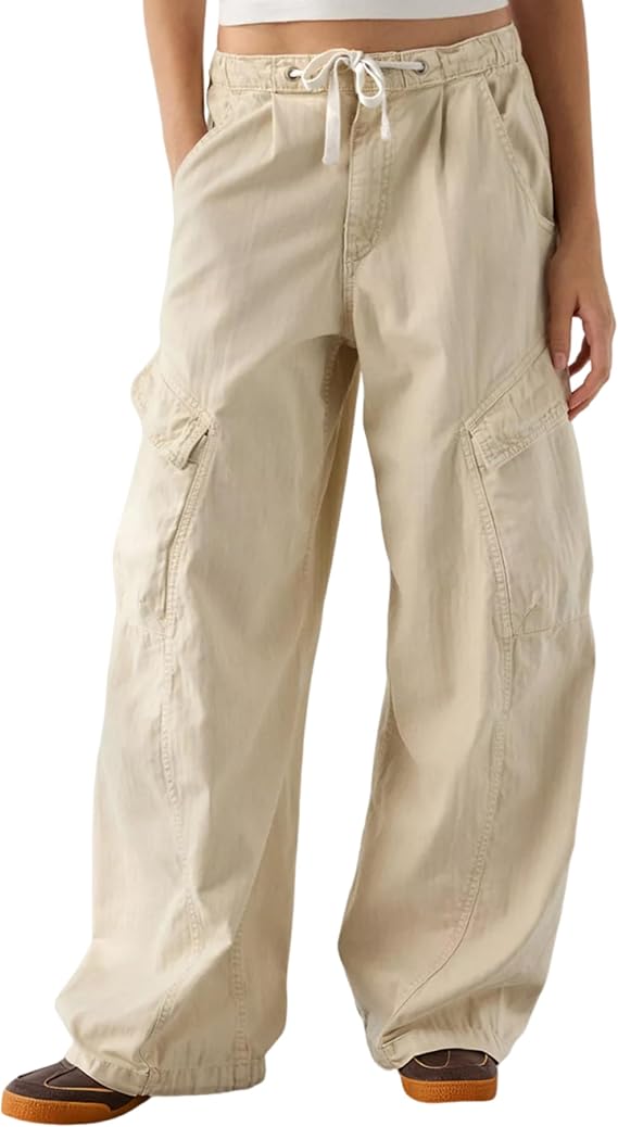 Majdan Women's Cargo Pants Barrel Leg Jeans Elastic Waist Lounge Trousers with Pockets