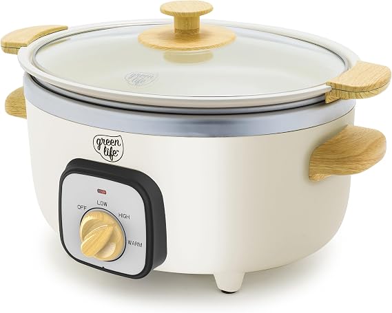 GreenLife 3.5QT Ceramic Nonstick Slow Cooker, Cooktop/Oven Safe, Cream