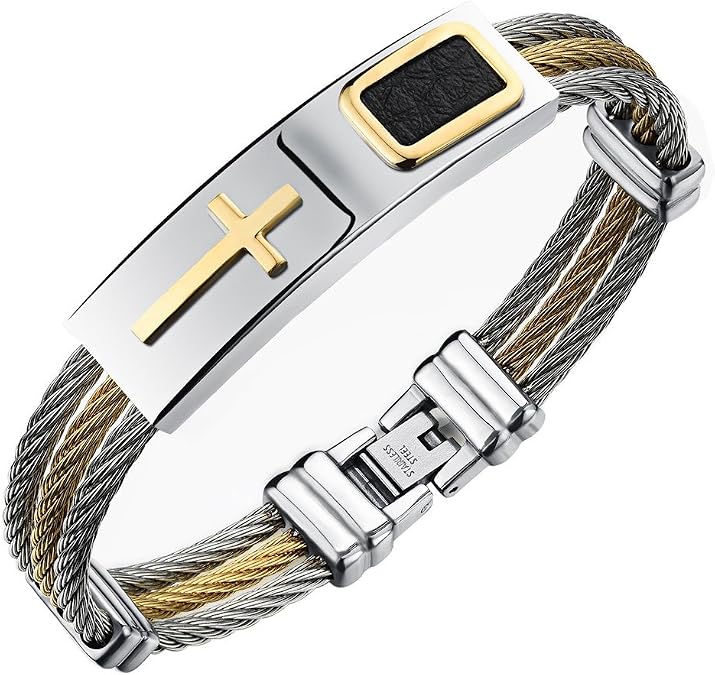 PAURO Men's Cable Wire Twisted Rope Cross Bangle Bracelet Multi Colors