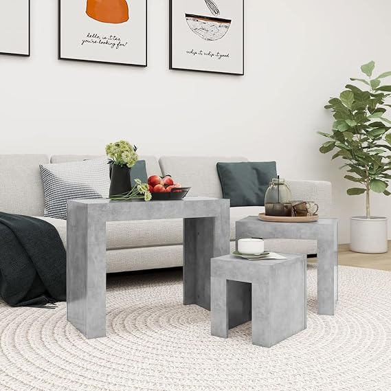 Nesting Coffee Table Set, 3 pcs Modern Minimalist Concrete Grey Chipboard Tables, 61 x 30 x 50 cm, 43 x 30 x 39 cm, 25 x 30 x 29 cm, Bedroom, Living Room, Office