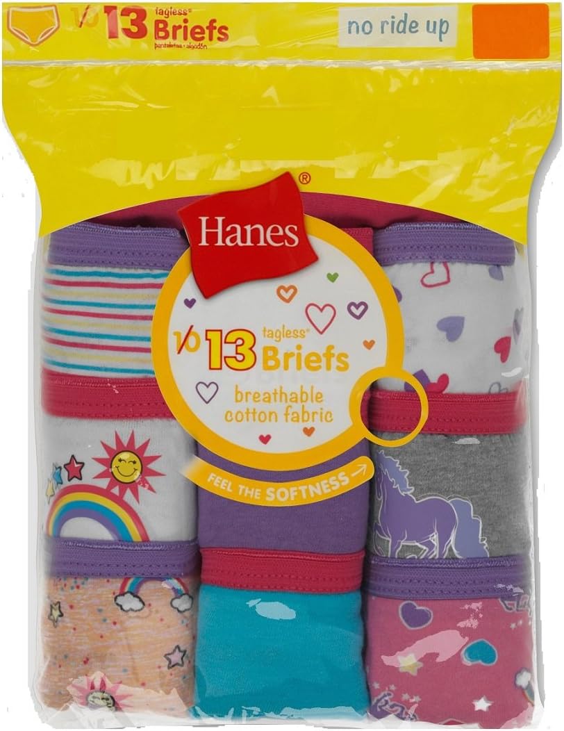Hanes Girls 13-Pack Tagless Assorted Prints & Solids Briefs Panties