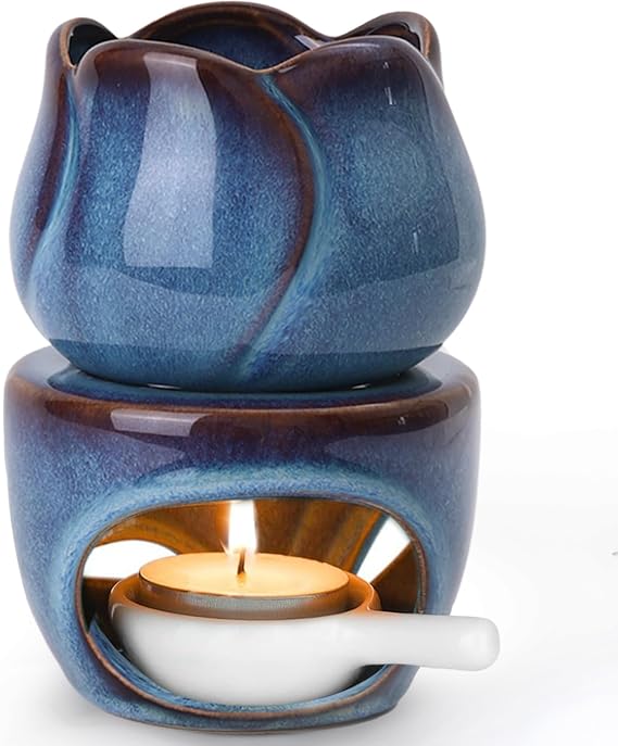 ComSaf Oil Burner Wax Melt Warmer 6 oz, Ceramic Candle Diffuser in Blue | Essential Oil Aromatherapy, Scented Wax Melts, Pull-Out Tea Light Tray, Bedroom Home Decor, Spa and Yoga, Artisan Style