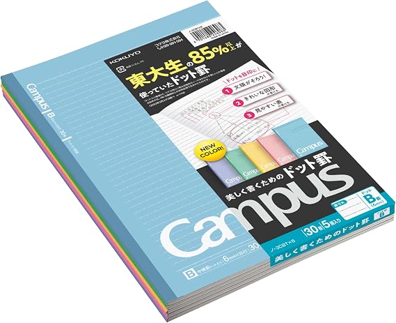 KOKUYO Campus Notebook, Dot B 6mm Ruled, Semi-B5, 30 Sheets, 35 Lines, Pack of 5, 5 Colors (NO-3CBTNX5)