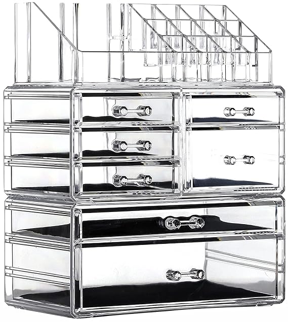 Cq acrylic 3 Pack Clear Skincare Organizer for Vanity, Stackable 7 Drawers Make Up Organizer,Cute Cosmetic Organizer for Vanity Jewelry,Hair Clip,Beauty,Skincare Product Dresser Acrylic Desk Organizer