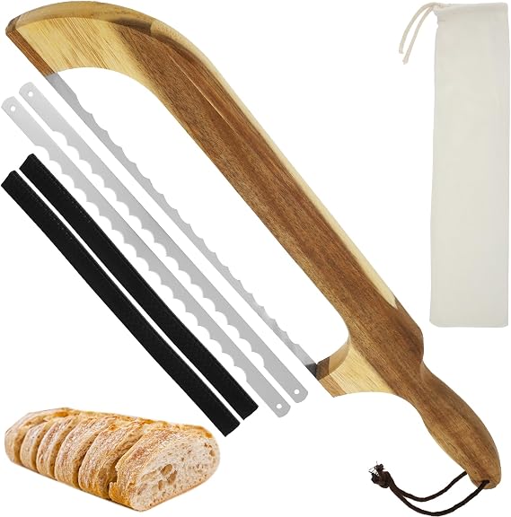 Bread Bow Saw Knife, 16.7 inch Bread Bow Cutter with Wooden Handle and 2 Stainless Steel Replacement Blades, Sourdoughbread Knife for Homemade Baguettes(Style 1)