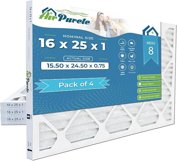 AirPurete 16x25x1 Air Filter MERV 8, Pack of 4, Actual Size 15.75 x 24.75 x 0.75, Pleated HVAC Furnace Filter Replacement for 3M Filtrete Healthy Living, Aerostar & Similar Systems