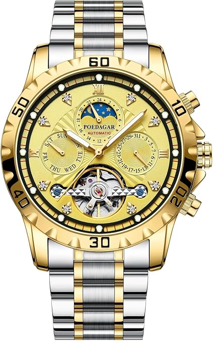 Luxury Automatic Mechanical Watch for Men Moon Phase Hollow Tourbillon Wristwatch Waterproof Luminous Date Week Calendar Display Stainless Steel Men's Watches (1412 Gold)