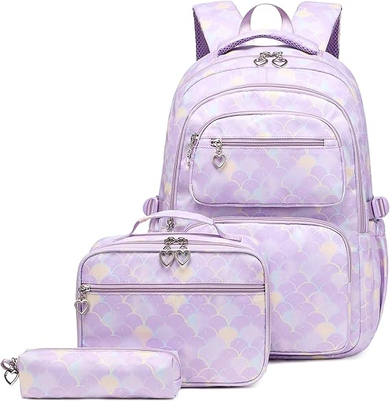 Bansusu 3Pcs Kids Backpack Set for Girls with Matching Lunch Bag, Girls School Bag Backpack for Kids