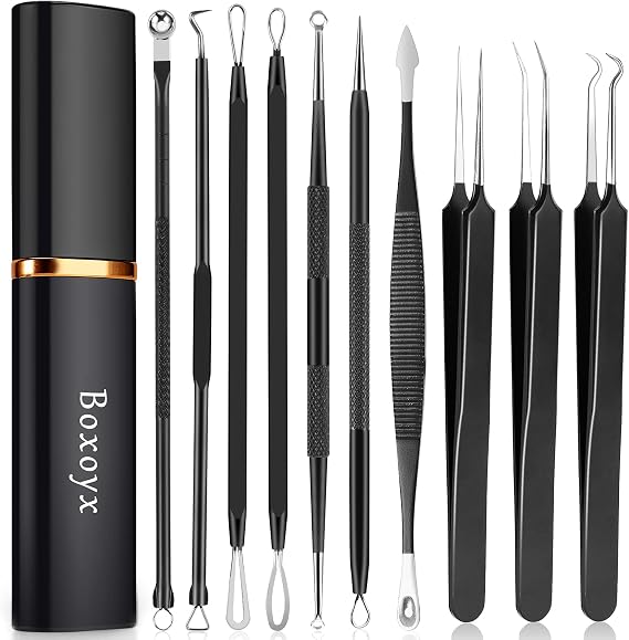 Boxoyx Pimple Popper Tool Kit - 10Pcs Blackhead Remover Comedone Extractor Tool Kit with Metal Case for Quick and Easy Removal of Pimples, Blackheads, Zit Removing, Forehead, Facial and Nose(Black)
