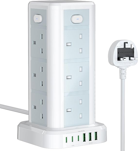 Tower Extension Lead with USB C Slots, Toomke 12 Way Plug Extension Socket Tower with 3 Type C and 3 USB A, Overload Protection Extension Tower with Switches, 1.8M Extension Cable for Home, Office