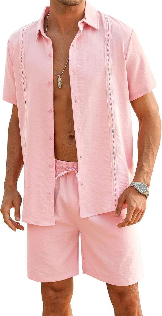 Linen Sets For Men Button Down Cuban Guayabera Shirt Shorts Set 2 Piece Linen Outfits