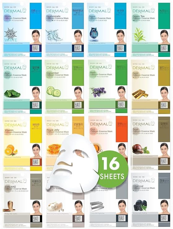 DERMAL Collagen Essence Sheet Mask 16 Combo Pack - 16 Days Daily Skin Therapy for Glow - Aloe, Snail, Vitamin Variety Gift Set - K-Beauty