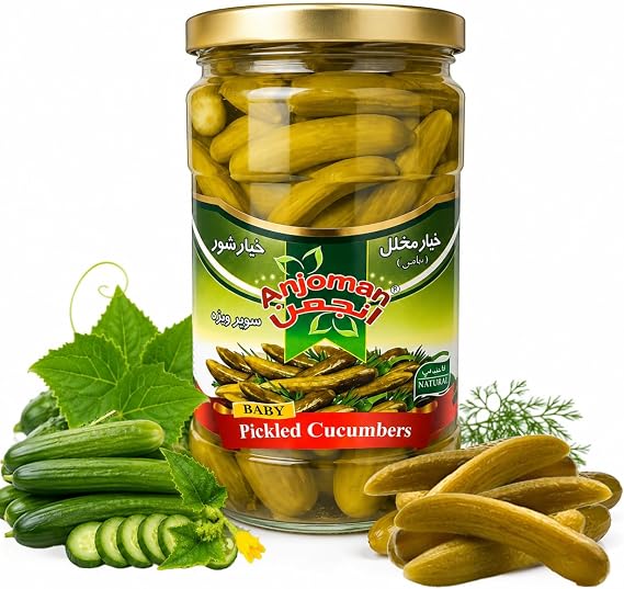Anjoman Pickled Baby Cucumbers 660g Extra Crunchy & Tangy Gherkins in Brine – Small Pickles for Burgers, Sandwiches, Charcuterie Boards Traditionally Pickled Cornichons Non-GMO, Natural Ingredients